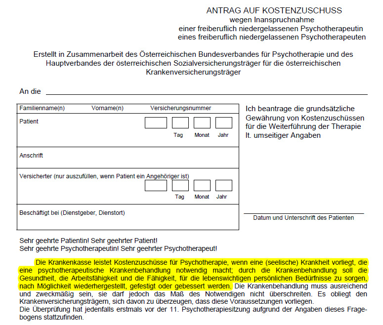 Bild: Antragsformular für Psychotherapiezuschuss