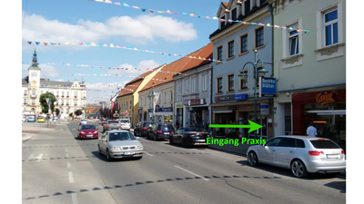 Bild: Hauptplatz Mistelbach, Eingang Praxis M.Geiger